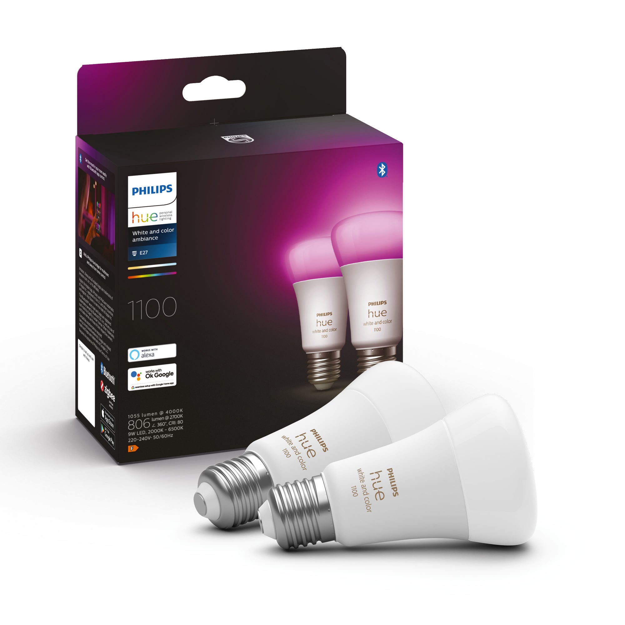Philips Hue A60 White & Color E27 2-pack 9W 2000K-6500K + 16 million colors - Philips Hue | Bellalite