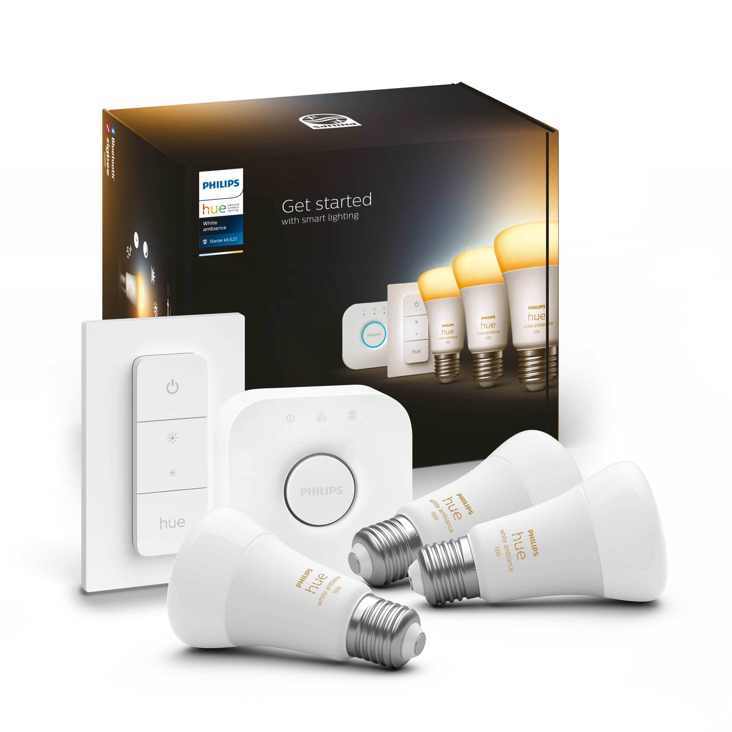 Philips Hue Startpaket 3x 8W White Ambience E27 1x Bridge + 1x Dimmer Switch - Philips Hue | Bellalite