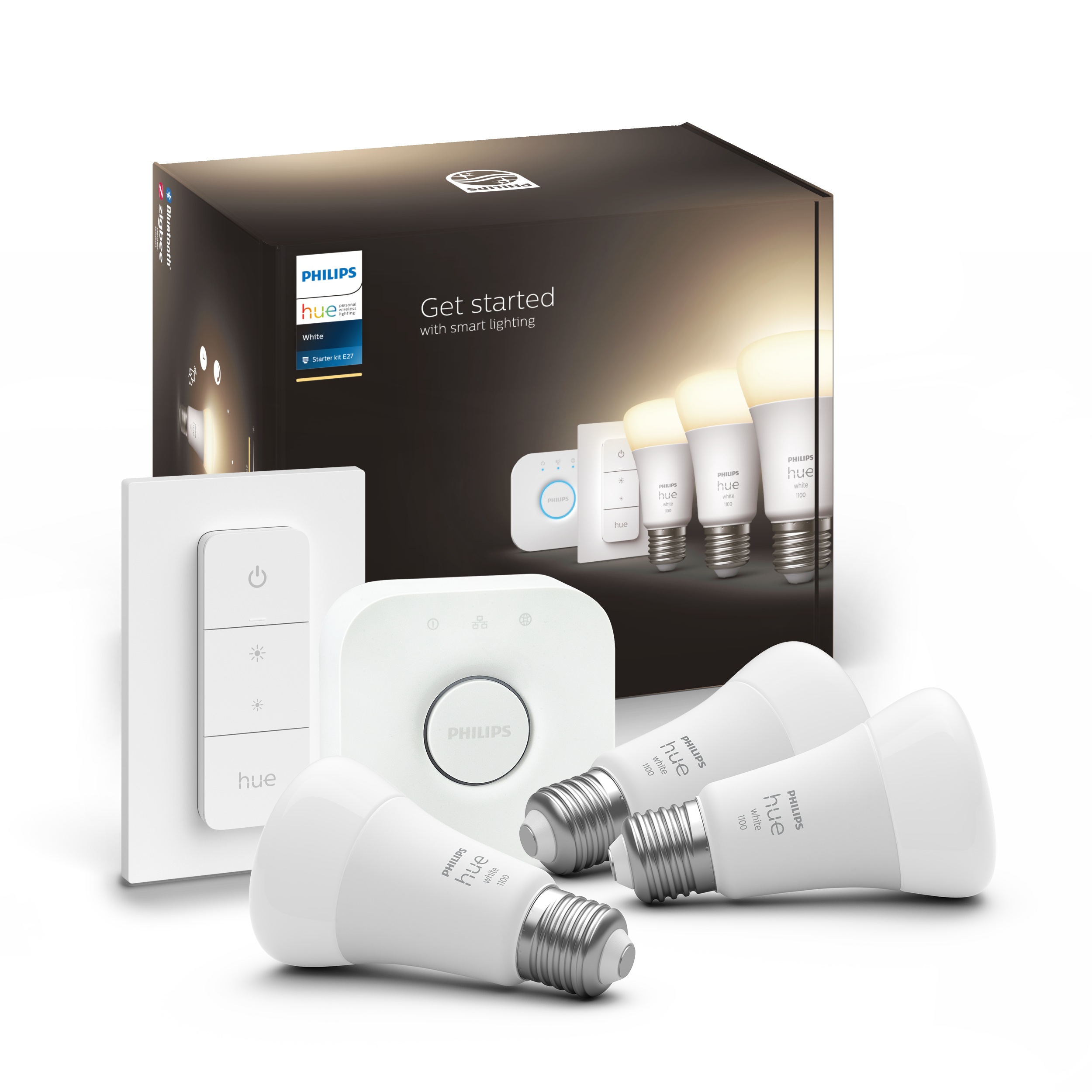 Philips Hue Startpaket 3x 9W White E27 1x Bridge + 1x Dimmer Switch - Philips Hue | Bellalite