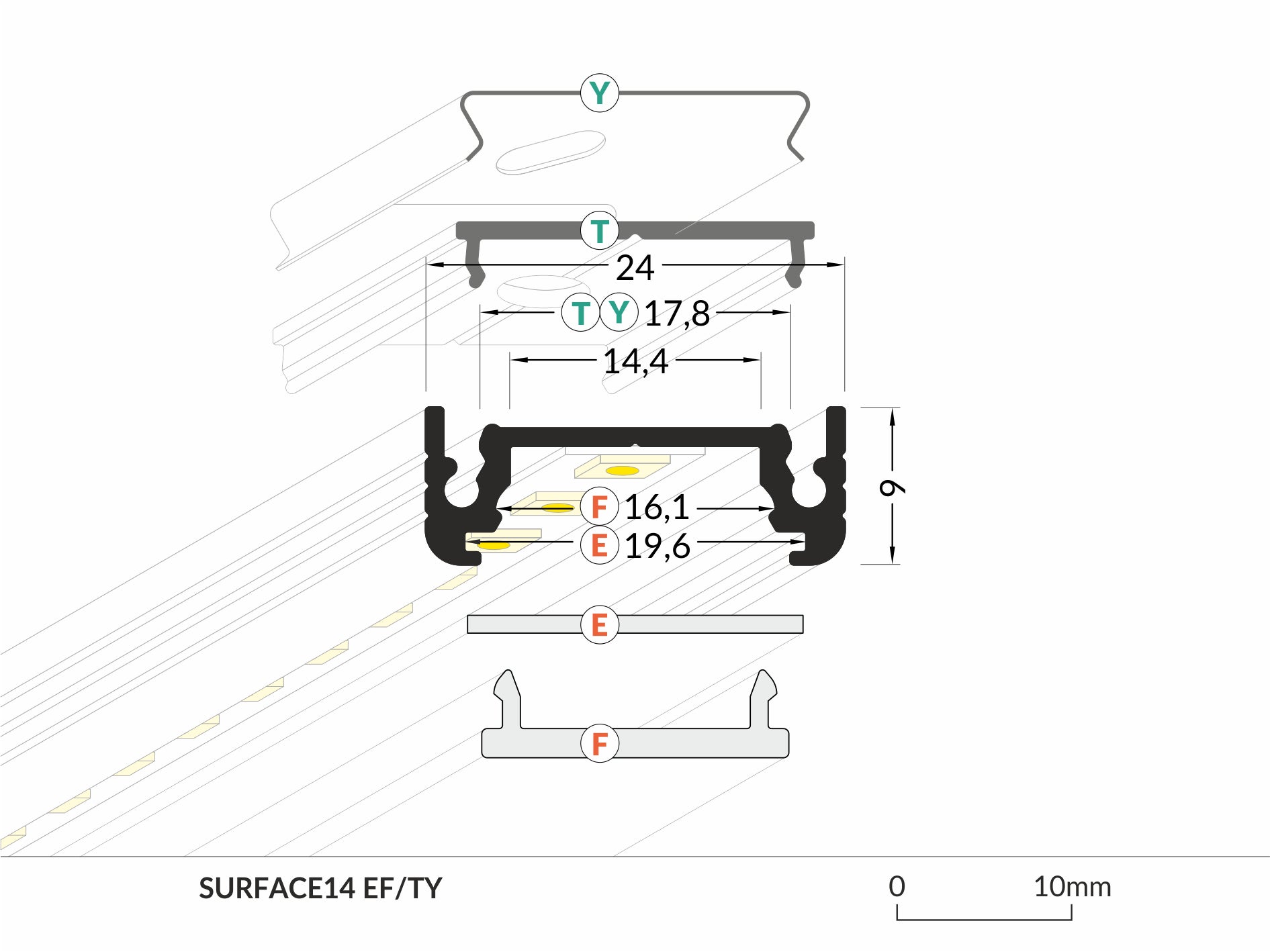 Topmet LED-Profil SURFACE14 Anodiserad alu, L=1m - TOPMET | Bellalite