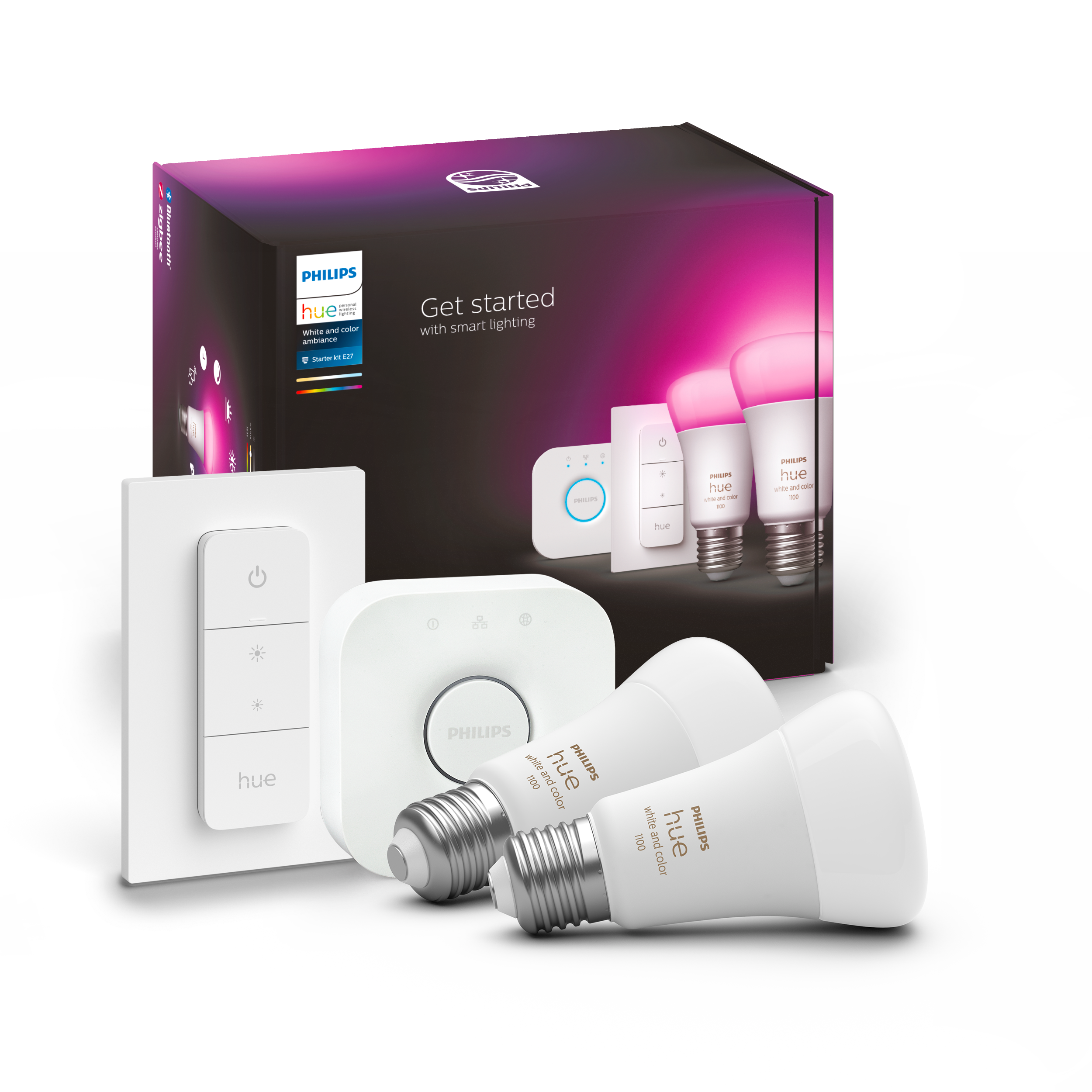 Philips Hue Startpaket 2x 9W White & Color E27 1x Bridge + 1x Dimmer Switch - Philips Hue | Bellalite