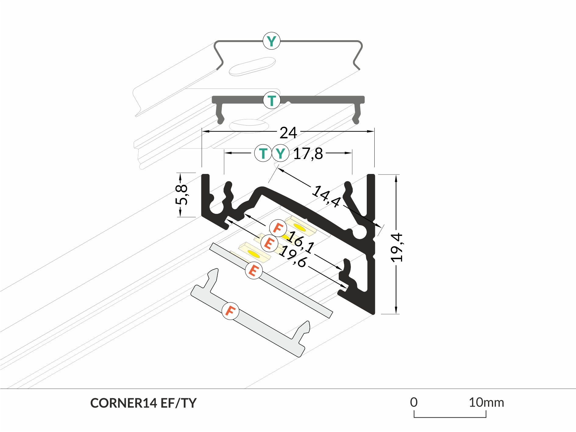 Topmet LED-Profil CORNER14 Anodiserad alu L=1m - TOPMET | Bellalite