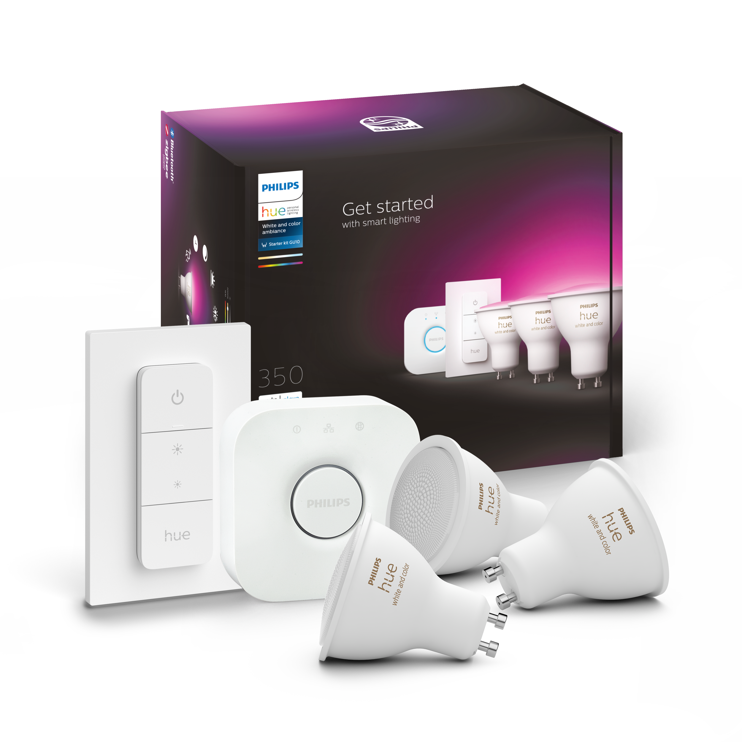 Philips Hue Startpaket 3x 6W White & Color GU10 1x Bridge + 1x Dimmer Switch - Philips Hue | Bellalite