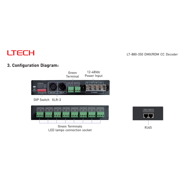 16CH DMX CC LED Dimmer 350mA 16CH x 350mA, max 257.6W, XLR 3-pin / RJ45 / Plint - LTECH | Bellalite