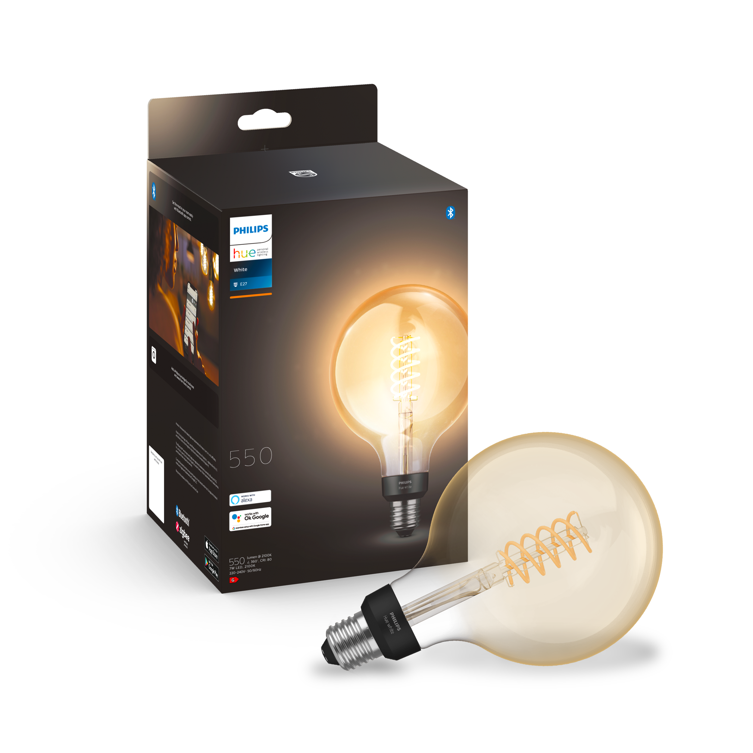 Philips Hue Filament Glob 125mm White E27 7W 2100K - Philips Hue | Bellalite